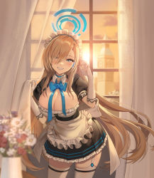 Rule 34 | 1girl, absurdres, apron, asuna (blue archive), asymmetrical bangs, blonde hair, blue archive, blue bow, blue bowtie, blue eyes, blurry, blurry foreground, bow, bowtie, breasts, cleavage, clock, clock tower, cowboy shot, curtain grab, curtains, detached collar, eyes visible through hair, flower, garter straps, gloves, grin, hair between eyes, halo, hand up, headphones, highres, large breasts, long hair, looking at viewer, maid, maid apron, maid headdress, mole, mole on breast, momuru, parted lips, smile, solo, sunset, thighhighs, tower, vase, white gloves, white thighhighs, window