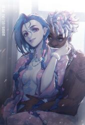 1boy 1girl a_xian_ping&#039;an_xile_ao! arcane:_league_of_legends asymmetrical_bangs breasts dated earrings ekko_(league_of_legends) firelight_ekko green_hair hand_on_another&#039;s_cheek hand_on_another&#039;s_face hetero highres jewelry jinx_(league_of_legends) league_of_legends long_hair medium_breasts necklace pajamas pink_pajamas ring simple_background sitting skull_print smile teeth twintails white_background