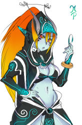 Rule 34 | 1girl, alternate costume, blue skin, breasts, cleavage, colored sclera, colored skin, detached sleeves, earrings, hand on own hip, hood, jewelry, large breasts, long hair, maniacpaint, midna, midna (true), midriff, navel, neon trim, nintendo, aged up, orange hair, pointy ears, red eyes, showgirl skirt, sketch, solo, spoilers, the legend of zelda, the legend of zelda: twilight princess, yellow sclera