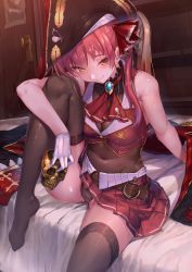 Rule 34 | 1girl, akasaai, arrow through heart, bare arms, bare shoulders, bed sheet, belt, belt buckle, black coat, black hat, black thighhighs, blush, breasts, brown leotard, brown thighhighs, buckle, cleavage, closed mouth, coat, covered navel, cup, door, drunk, glint, gloves, gold, hair ribbon, hat, heterochromia, holding, holding cup, hololive, houshou marine, indoors, knee up, leotard, leotard peek, leotard under clothes, long hair, looking at viewer, medium breasts, miniskirt, no eyepatch, no shoes, on bed, pirate hat, pleated skirt, red eyes, red hair, red neckwear, red ribbon, red skirt, ribbon, see-through, see-through cleavage, see-through leotard, sitting, skirt, skull, smile, solo, thighhighs, twintails, unworn coat, upskirt, virtual youtuber, white gloves, yellow eyes