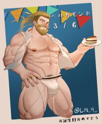 Rule 34 | 1boy, abs, bara, beard, bergamond (crave saga), birthday, blue eyes, bulge, cake, cake slice, chest hair, crave saga, cropped legs, dated, eyebrow cut, facial hair, food, food on face, garland (decoration), hand on own hip, highres, holding, holding plate, jewelry, jockstrap, large pectorals, ln 9 (8672058), long hair, looking at viewer, male focus, male underwear, mature male, muscular, muscular male, mustache, navel hair, nipples, one eye closed, open clothes, open shirt, pectorals, plate, ponytail, ring, shirt, solo, thick eyebrows, thick mustache, thick thighs, thighs, translation request, twitter username, underwear, utensil in mouth, white shirt