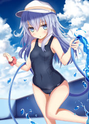 Rule 34 | 10s, 1girl, aruka (alka p1), blue eyes, blue hair, cloud, covered navel, day, empty pool, hat, hibiki (kancolle), hose, kantai collection, long hair, matching hair/eyes, old school swimsuit, one-piece swimsuit, pool, school swimsuit, scrunchie, sky, solo, swimsuit, verniy (kancolle), water, wrist scrunchie