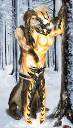 Rule 34 | 1boy, 1girl, bent over, blue eyes, breasts, brown hair, clothed sex, dovahkiin, elemental (creature), fire, fire elemental, flame atronach, forest, gloves, hetero, highres, interspecies, large breasts, monster, monster girl, nature, nipples, no eyes, nude, open mouth, sex, short hair, snow, spirit, the elder scrolls, the elder scrolls v: skyrim, tree, vaginal
