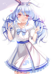Rule 34 | 1girl, :d, animal ears, blue hair, blue ribbon, blush, collarbone, commentary request, cowboy shot, dress, frilled dress, frills, hair ribbon, hands up, highres, holding, holding own hair, hololive, long hair, looking at viewer, multicolored hair, open mouth, puffy short sleeves, puffy sleeves, rabbit-shaped pupils, rabbit ears, rabbit girl, red eyes, ribbon, short eyebrows, short sleeves, sidelocks, smile, solo, standing, streaked hair, symbol-shaped pupils, thick eyebrows, twintails, two-tone hair, usada pekora, virtual youtuber, white dress, white hair, wristband, yuano