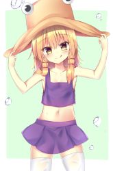 Rule 34 | 1girl, :q, arms up, bare arms, bare shoulders, blonde hair, blue background, blush, brown hat, closed mouth, collarbone, cowboy shot, crop top, flat chest, hair ribbon, hands on headwear, hat, head tilt, highres, looking at viewer, midriff, miniskirt, moriya suwako, navel, pleated skirt, purple skirt, red ribbon, ribbon, sabana, side ponytail, skirt, smile, solo, stomach, thighhighs, tongue, tongue out, touhou, water drop, white thighhighs, yellow eyes, zettai ryouiki