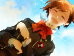 Rule 34 | 1girl, atlus, bad id, bad pixiv id, bow, brown hair, closed eyes, female focus, hika (amane222), open mouth, outdoors, persona, persona 3, persona 3 portable, school uniform, shiomi kotone, short hair, sky, smile, solo, tears, watch, wristwatch
