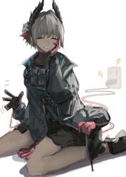 1girl :d ^_^ absurdres arknights between_legs black_gloves charging_person closed_eyes dark-skinned_female dark_skin electric_plug electric_plug_tail electrical_outlet extra_arms facing_viewer gloves grey_hair grin hand_between_legs hand_on_own_cheek hand_on_own_face highres hrk_(dxez4457) lightning_bolt_symbol long_sleeves motion_lines open_mouth pink_gloves raidian_(arknights) short_hair simple_background sitting sketch smile solo tail wariza waving white_background