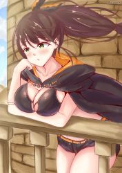 Rule 34 | 1girl, absurdres, ayannon yumme, bikini, bikini top only, blush, breast rest, breasts, brown hair, cape, cleavage, green eyes, hair ribbon, hand on own face, highres, hotpants, large breasts, long hair, ponytail, railing, re:zero kara hajimeru isekai seikatsu, ribbon, shaula (re:zero), short shorts, shorts, sky, solo, swimsuit, thick thighs, thighs, tower