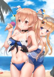 Rule 34 | 2girls, bikini, bikini under clothes, black gloves, blonde hair, blue bikini, blue eyes, blue shirt, blue sky, blush, grabbing another&#039;s breast, breasts, brown eyes, cleavage, closed mouth, cloud, crab, day, flag, fletcher (kancolle), food, gloves, grabbing, hair between eyes, hairband, highres, ice cream, johnston (kancolle), k jie, kantai collection, large breasts, light brown hair, long hair, multiple girls, navel, ocean, palm tree, sailor collar, shirt, sky, swimsuit, swimsuit under clothes, tree, two side up, white gloves