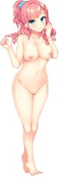 Rule 34 | 1girl, :&gt;, asahina chocolat, babumi! atashi ga uminaoshite yan yo!, blush, breasts, censored, closed mouth, completely nude, feet, female focus, full body, game cg, green eyes, groin, hands up, highres, large breasts, legs, long hair, looking at viewer, mameojitan, mosaic censoring, navel, nipples, nude, original, pink hair, pussy, side ponytail, smile, solo, tachi-e, thigh gap, thighs, toes, transparent background