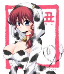 Rule 34 | 1girl, animal print, artist name, bell, blue eyes, braid, braided ponytail, breasts, chinese zodiac, choker, cleavage, cleavage cutout, closed mouth, clothing cutout, commentary, cow hood, cow horns, cow print, cow tail, dress, genderswap, genderswap (mtf), hair over shoulder, hood, hood up, hooded dress, horns, kanji, large breasts, light frown, long sleeves, looking at viewer, medium hair, neck bell, new year, outside border, print dress, ranma-chan, ranma 1/2, red choker, red hair, signature, single braid, solo, tail, translated, uehara doh, upper body, white dress, year of the ox
