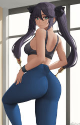 Rule 34 | 1girl, ass, back, bare shoulders, black hair, black sports bra, blue pants, breasts, genshin impact, green eyes, highres, long hair, looking at viewer, looking back, medium breasts, mona (genshin impact), pants, solo, sports bra, thighs, tight clothes, tight pants, twintails, window, wristband, yoga pants, zaphn