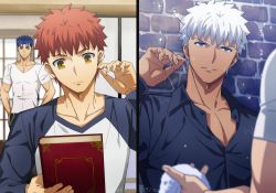 Rule 34 | 3boys, akujiki59, alternate hairstyle, archer (fate), black shirt, blue hair, book, cu chulainn (fate), cu chulainn (fate/stay night), dark-skinned male, dark skin, emiya shirou, fate/stay night, fate (series), holding, holding book, pectoral cleavage, male focus, messy hair, multiple boys, official style, partially unbuttoned, pectorals, ponytail, red eyes, shirt, short hair, spiked hair, toned, toned male, wet, wet hair, white hair, white shirt