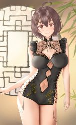 Rule 34 | 1girl, absurdres, ahoge, azur lane, baltimore (azur lane), black dress, breasts, brown eyes, brown hair, china dress, chinese clothes, cleavage, cleavage cutout, clothing cutout, dress, frilled dress, frills, highres, indoors, large breasts, looking at viewer, microdress, navel cutout, see-through, short hair, side-tie dress, solo, yayanri