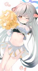 Rule 34 | 1girl, absurdres, alternate costume, animal ears, blue archive, cheerleader, commentary request, facial tattoo, grey hair, hair between eyes, halo, highres, kokona (blue archive), long hair, long sleeves, looking at viewer, multicolored hair, navel, one eye closed, orange eyes, osorii, parted lips, pom pom (cheerleading), sidelocks, simple background, solo, stomach, streaked hair, sweat, tattoo, tiger ears, tiger girl, two-tone hair, white background