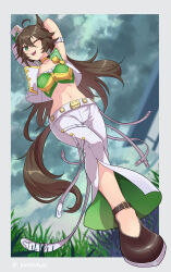 Rule 34 | 1girl, ;d, absurdres, ahoge, animal ears, arms up, black hair, blue eyes, blurry, blurry background, blurry foreground, brown footwear, choker, commentary request, crop top, cropped jacket, grass, green shirt, hat, highres, horse ears, horse girl, jacket, kimihitsuji, long hair, looking at viewer, midriff, mini hat, mini top hat, mr. c.b. (umamusume), navel, one eye closed, open clothes, open jacket, open mouth, outdoors, pants, revision, shirt, shoes, smile, solo, standing, stomach, strapless, strapless shirt, top hat, umamusume, very long hair, white headwear, white jacket, white pants