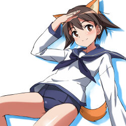 Rule 34 | 1girl, animal ears, blue neckerchief, blue one-piece swimsuit, blue sailor collar, brown eyes, brown hair, closed mouth, cowboy shot, dog ears, dog girl, highres, long sleeves, looking at viewer, miyafuji yoshika, neckerchief, old school swimsuit, one-piece swimsuit, sailor collar, salute, school swimsuit, school uniform, serafuku, shadow, shirt, short hair, simple background, smile, solo, strike witches, swimsuit, swimsuit under clothes, tricky 46, white background, white shirt, world witches series