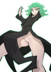 Rule 34 | 1girl, bare legs, black dress, breasts, cleft of venus, curly hair, dress, eyelashes, green eyes, green hair, highres, jitome, looking at viewer, matching hair/eyes, no panties, one-punch man, popped collar, psychic, pussy, short hair, small breasts, solo, tatsumaki, the pink pirate, transparent background, uncensored, upskirt