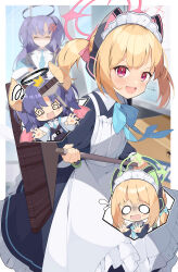 Rule 34 | 0 0, 2girls, @ @, absurdres, anger vein, animal ear headphones, animal ears, annoyed, applepie 1201, apron, aqua ribbon, blank eyes, blonde hair, blue archive, blue hair, blue necktie, blush, blush stickers, broom, cat ear headphones, chibi, chibi inset, closed eyes, closed mouth, commentary request, demon girl, demon horns, demon wings, dress, fake animal ears, flying sweatdrops, frilled apron, frilled dress, frills, halo, headphones, highres, holding, holding broom, horns, looking at viewer, maid apron, maid headdress, midori (blue archive), midori (maid) (blue archive), momoi (blue archive), momoi (maid) (blue archive), multiple girls, necktie, off shoulder, open mouth, parted bangs, red eyes, ribbon, short hair, sidelocks, spoken character, squiggle, teeth, two side up, upper teeth only, white headdress, wings, yuuka (blue archive)