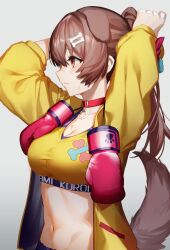 Rule 34 | 1girl, alternate costume, alternate hairstyle, animal ears, blush, bone hair ornament, boxing gloves, bra, breasts, brown hair, cine (wazd0183), cleavage, collar, commentary, cowboy shot, dog ears, dog girl, dog tail, from side, gradient background, grey background, hair ornament, highres, hololive, inugami korone, jacket, large breasts, long hair, navel, open clothes, open jacket, parted lips, ponytail, red collar, red eyes, sideways mouth, simple background, solo, sports bra, standing, stomach, sweat, symbol-only commentary, tail, underwear, virtual youtuber, yellow bra, yellow jacket