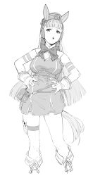 Rule 34 | 1girl, absurdres, anchor, animal ears, arm strap, armband, belt pouch, blunt bangs, blurry, blush, breasts, cabbie hat, dress, gloves, gold ship (umamusume), greyscale, hands on own hips, harness, hat, highres, horse ears, horse girl, horse tail, kona ming, long hair, medium breasts, monochrome, neck ribbon, pantyhose, pouch, ribbon, simple background, sleeveless, sleeveless dress, solo, tail, thigh strap, umamusume