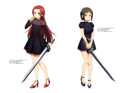 Rule 34 | 2girls, absurdres, black dress, black footwear, blue eyes, blue nails, bracelet, breasts, brown hair, character name, closed mouth, dress, full body, hair intakes, hair ornament, high heels, highres, holding, holding sword, holding weapon, jewelry, long hair, long sleeves, medium breasts, multiple girls, nail polish, official art, pleated dress, pumps, red eyes, red footwear, red hair, red nails, ronye arabel, short dress, short hair, short sleeves, side ponytail, simple background, smile, standing, straight hair, sword, sword art online, thighs, tiese schtrinen, very long hair, weapon, white background
