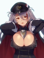 Rule 34 | 1girl, arms behind head, arms up, azur lane, bag, bismarck (azur lane), black dress, breasts, brown eyes, cape, cleavage, commentary request, dress, fur-trimmed cape, fur trim, hair between eyes, hat, highres, large breasts, long hair, looking at viewer, maitei roppa, military, military hat, military uniform, mole, mole on breast, multicolored hair, open mouth, peaked cap, pink lips, prinz eugen (azur lane), silver hair, streaked hair, uniform