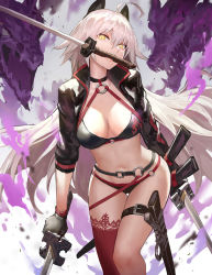 Rule 34 | 1girl, ahoge, animal ears, aura, bikini, black bikini, black choker, black jacket, breasts, canking, cat ears, choker, cleavage, collarbone, commentary request, constricted pupils, cowboy shot, cropped jacket, dragon, fake animal ears, fate/grand order, fate (series), hair between eyes, highres, holding, jacket, jeanne d&#039;arc alter (swimsuit berserker) (fate), jeanne d&#039;arc (fate), jeanne d&#039;arc alter (fate), jeanne d&#039;arc alter (swimsuit berserker) (fate), katana, kemonomimi mode, large breasts, lips, long hair, looking at viewer, mouth hold, navel, o-ring, o-ring bikini, o-ring bottom, o-ring top, pink lips, red thighhighs, sheath, shrug (clothing), single thighhigh, solo, standing, stomach, swimsuit, sword, thigh strap, thighhighs, thighs, unsheathed, very long hair, weapon, yellow eyes
