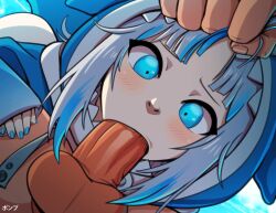Rule 34 | 1boy, 1girl, blue eyes, blue hair, blue nails, blush, close-up, clothed female nude male, cloud, day, erection, eyebrows, fellatio, fingernails, gawr gura, grabbing another&#039;s hair, hetero, hololive, hololive english, hood, irrumatio, looking at viewer, multicolored hair, nail polish, nude, oral, outdoors, penis, ponpu (pumpkinsinclair), silver hair, sky, solo focus, spread legs, streaked hair, tareme, testicles, virtual youtuber, watermark