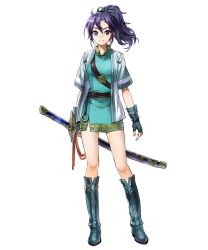 Rule 34 | 1girl, blue hair, boots, dress, fingerless gloves, fir (fire emblem), fire emblem, fire emblem: the binding blade, fire emblem heroes, full body, gloves, hair ribbon, hair tie, highres, holding, holding weapon, kaya8, knee boots, looking at viewer, nintendo, official art, ponytail, purple eyes, ribbon, short dress, short sleeves, smile, solo, standing, sword, transparent background, weapon