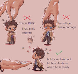 Rule 34 | 2boys, angel, black hair, blue eyes, carrying, carrying person, castiel, chibi, coat, cowlick, crossed arms, dean winchester, english text, facial hair, fluffsnake, full body, happy aura, heart, highres, how to hold x (meme), male focus, mature male, meme, mini person, miniboy, multiple boys, pink background, short hair, simple background, stubble, supernatural (tv series), sweatdrop, trench coat
