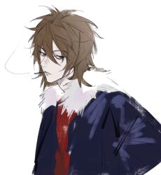 Rule 34 | 1boy, blue jacket, brown eyes, brown hair, chinese commentary, cigarette, commentary request, fur-trimmed jacket, fur trim, hair between eyes, isoi reiji, jacket, long sleeves, male focus, open clothes, open jacket, red shirt, saibou shinkyoku, shirt, short hair, simple background, smoking, solo, upper body, white background, zhili yuan