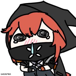 Rule 34 | 1girl, @ @, animated, animated gif, arknights, black mask, blush, crownslayer (arknights), hood, hugging own legs, lowres, mask, medium hair, mouth mask, red hair, seseren, snot, tail, tearing up