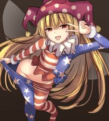 Rule 34 | 1girl, american flag dress, american flag legwear, american flag shirt, blonde hair, clothes pull, clownpiece, collar, fairy wings, frilled collar, frilled shirt collar, frills, from above, fur trim, hat, janne cherry, jester cap, long hair, long sleeves, looking at viewer, neck ruff, no panties, open mouth, pantyhose, pantyhose pull, polka dot, pulled by self, red eyes, simple background, solo, standing, touhou, v, v over eye, very long hair, wings