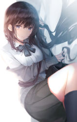 Rule 34 | 1girl, absurdres, black skirt, black socks, blue bow, blue bowtie, blue eyes, bow, bowtie, brown hair, closed mouth, collared shirt, grey jacket, hair in own mouth, highres, holding, holding own hair, jacket, kneehighs, long hair, long sleeves, looking at viewer, lying, off shoulder, on side, open clothes, open jacket, original, pleated skirt, school uniform, shirt, skirt, sleeves past wrists, socks, solo, very long hair, white background, white shirt, yk (pixiv43531291)