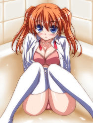 Rule 34 | 00s, 1girl, bathtub, blue eyes, blush, breasts, cleavage, large breasts, lyrical nanoha, mahou shoujo lyrical nanoha, mahou shoujo lyrical nanoha strikers, open clothes, open shirt, orange hair, panties, shirt, solo, teana lanster, thighhighs, twintails, underwear