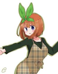 Rule 34 | 1girl, bad id, bad pixiv id, blue eyes, blush, brown dress, brown hair, collarbone, commentary request, dress, go-toubun no hanayome, green outline, green ribbon, green shirt, hair between eyes, hair ribbon, highres, holding hands, kujou karasuma, long sleeves, looking away, looking to the side, nakano yotsuba, out of frame, outline, parted lips, plaid, plaid dress, ribbon, shirt, signature, sleeveless, sleeveless dress, solo focus, unmoving pattern, white background