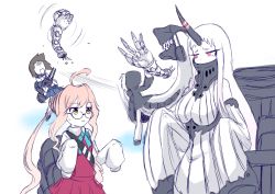 Rule 34 | 10s, 4girls, abyssal ship, ahoge, bare shoulders, claws, dress, fubuki (kancolle), glasses, hood, horns, jacket, kantai collection, long hair, long sleeves, makigumo (kancolle), mecha musume, multiple girls, ogawa-syou, ogawa shou, open mouth, oversized clothes, pale skin, pink hair, re-class battleship, red eyes, school uniform, seaport princess, short hair, single horn, skirt, sleeves past wrists, sweater, sweater dress, tail, tears, throwing, triangle mouth, turret, twintails, very long hair, white hair, yellow eyes