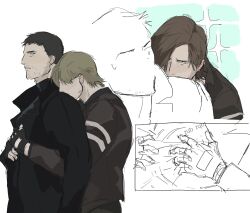 Rule 34 | 2boys, bara, beard, brown hair, chris redfield, couple, ethfinch, facial hair, from side, grabbing, hair over eyes, hand on another&#039;s shoulder, highres, large pectorals, leon s. kennedy, male focus, mature male, multiple boys, multiple views, muscular, muscular male, pectoral grab, pectorals, reach-around, resident evil, resident evil 4, resident evil 4 (remake), short hair, sound effects, sparkle, stubble, sweatdrop, yaoi
