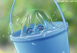 Rule 34 | 1girl, blurry, blurry background, bucket, bucket of water, commentary, curss, liquid hair, looking at viewer, mini person, minigirl, monster girl, musical note, original, see-through body, slime girl, solo, twitter username, water