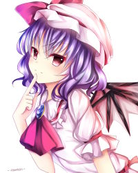 Rule 34 | 1girl, ascot, bad id, bad pixiv id, bat wings, blue hair, bow, hat, hat bow, red eyes, remilia scarlet, short hair, simple background, smile, solo, touhou, venn (vebonbon), wings
