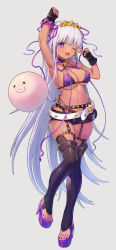 Rule 34 | 1girl, arm up, armpits, ball, bare shoulders, bb (fate), bb (fate) (all), bb (swimsuit mooncancer) (fate), bb (swimsuit mooncancer) (second ascension) (fate), beachball, bead bracelet, beads, belt, bikini, black garter belt, black gloves, black shorts, black thighhighs, blush, bracelet, breasts, cleavage, collarbone, commentary request, earrings, fate/grand order, fate (series), fingerless gloves, full body, garter belt, gloves, gyaru, hair ornament, hair ribbon, hairband, high heels, highres, jewelry, large breasts, long hair, looking at viewer, micro shorts, navel, neck ribbon, one eye closed, open mouth, pig nose, purple bikini, purple eyes, purple hair, purple ribbon, ribbon, short shorts, shorts, simple background, smile, solo, star (symbol), star earrings, star hair ornament, studded garter belt, swimsuit, tan, thighhighs, v, very long hair, vivi (eve no hakoniwa), white belt