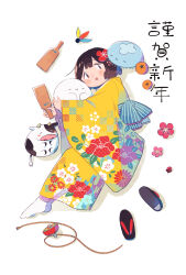 Rule 34 | 1girl, brown hair, chinese zodiac, cow, floral print, flower, food, fruit, full body, furisode, ghost, hagoita, hair flower, hair ornament, hane (hanetsuki), happy new year, highres, holding, holding paddle, japanese clothes, jellyfish, kimono, long sleeves, looking at viewer, lying, mamei mema, nengajou, new year, obi, on side, open mouth, orange (fruit), original, paddle, pink flower, print kimono, red flower, rope, sandals, unworn sandals, sash, short hair, simple background, socks, solo, spinning top, tareme, translated, white background, white socks, wide sleeves, year of the ox, yellow kimono, zouri