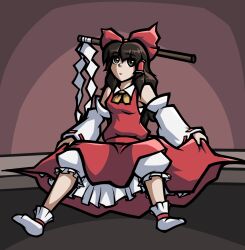Rule 34 | 1girl, bow, brown eyes, brown hair, embodiment of scarlet devil, frilled skirt, frills, gohei, hair tubes, hakama, hakama skirt, hakurei reimu, highres, japanese clothes, mary janes, red bow, red shirt, red skirt, shirt, shoes, sitting, skirt, superchrim, thick outlines, touhou, yellow bow