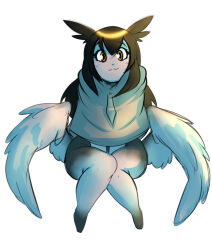 Rule 34 | 1girl, :3, ashes of babel, bad source, bewbchan, black hair, cloak, closed mouth, colored skin, feathered wings, feet out of frame, grey cloak, grey skin, hair between eyes, happy, harpy, head wings, highres, leaning forward, long hair, looking at viewer, monster girl, multicolored hair, necktie, orange eyes, orange hair, shina (ashes of babel), simple background, sitting, smile, solo, two-tone hair, white background, white wings, wings