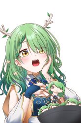 Rule 34 | 1girl, absurdres, antlers, blush, braid, braided bangs, bridal gauntlets, ceres fauna, chopsticks, commentary, english commentary, giraffe fauna, gradient hair, green hair, highres, holding, holding chopsticks, hololive, hololive english, horns, jan azure, long hair, long sleeves, multicolored hair, open mouth, solo, streaked hair, swept bangs, virtual youtuber, yellow eyes