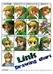 Rule 34 | absurdres, black eyes, blonde hair, blue eyes, brown hair, brown shirt, collarbone, curtained hair, earrings, frown, green headwear, green tunic, highres, holding, holding shield, holding sword, holding weapon, jewelry, link, male focus, nintendo, official style, partially translated, pointy ears, shield, shirt, short hair, sidelocks, single earring, smile, sword, takapon-o-ji, teeth, the legend of zelda, the legend of zelda: a link between worlds, the legend of zelda: a link to the past, the legend of zelda: breath of the wild, the legend of zelda: four swords, the legend of zelda: majora&#039;s mask, the legend of zelda: ocarina of time, the legend of zelda: oracle of ages, the legend of zelda: oracle of seasons, the legend of zelda: skyward sword, the legend of zelda: spirit tracks, the legend of zelda: the minish cap, the legend of zelda: the wind waker, the legend of zelda: twilight princess, the legend of zelda (nes), translation request, twitter username, upper teeth only, weapon