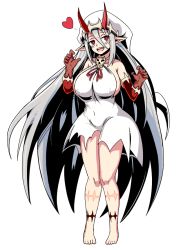 Rule 34 | 1girl, :d, aged up, alternate breast size, alternate height, bare legs, bare shoulders, barefoot, breasts, dress, full body, heart, horns, huge breasts, long hair, looking at viewer, monster girl, monster girl encyclopedia, nav (itsnav), open mouth, pointy ears, red eyes, redcap (monster girl encyclopedia), silver hair, simple background, smile, solo, very long hair, white background