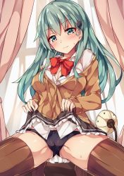 Rule 34 | 10s, 1girl, aqua eyes, aqua hair, black panties, blush, bra, breasts, brown thighhighs, cameltoe, cleavage, cleft of venus, clothes lift, commentary request, hair ornament, hairclip, highres, kantai collection, lamp, light smile, long hair, looking at viewer, medium breasts, panties, remodel (kantai collection), school uniform, skirt, skirt lift, smile, solo, spread legs, suzuya (kancolle), sweat, thighhighs, unacchi (nyusankin), underwear
