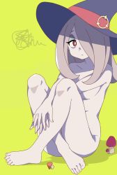 Rule 34 | 1girl, absurdres, barefoot, completely nude, crossed ankles, full body, green background, grey hair, hair over one eye, hat, highres, knees up, little witch academia, long hair, mushroom, nanami kazuki, nude, pale skin, red eyes, simple background, sitting, solo, sucy manbavaran, v arms, witch hat
